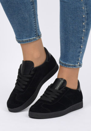 Pantofi sport negri pentru femei Pereia cu sireturi realizati din material cu perforatii