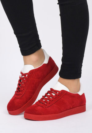 Pantofi sport rosii pentru femei Pereia cu sireturi realizati din material cu aspect intors