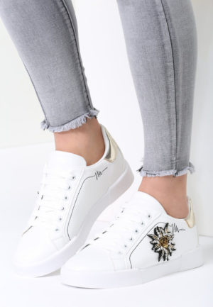 Pantofi sport albi de primavara Coria cu sireturi si decoratiune pe lateral