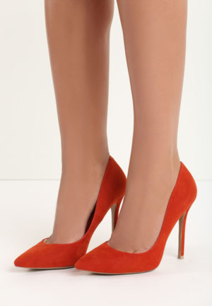 Pantofi stiletto portocalii cu toc cui de 10 cm Jennifer realizati din piele intoarsa eco