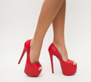 Pantofi comozi peep-toe rosii cu platforma si toc foarte inalt subtire Boxio din piele eco de calitate