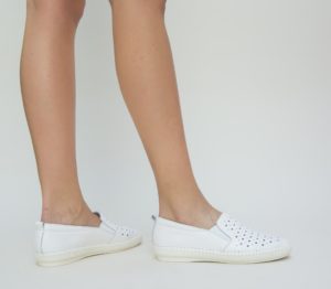 Pantofi de zi albi slip-on cu talpa plata comoda Base realizati din piele eco perforata