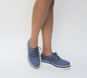 Pantofi albastri oxford pentru office cu sireturi Comisa din piele eco perforata