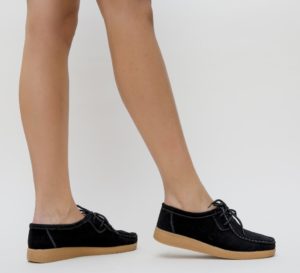 Pantofi dama office negri cu sireturi Neca realizati din piele intoarsa naturala