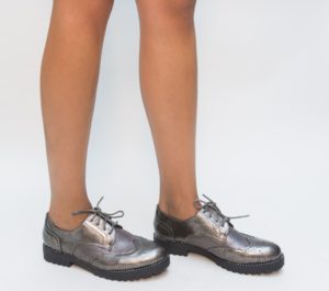 Pantofi oxford gri de ocazie eleganti pentru office cu sireturi si perforatii Size
