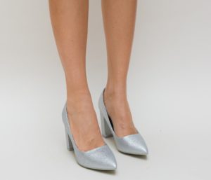 Pantofi de nunta argintii eleganti cu toc mediu gros Simera in care te vei simti minunat