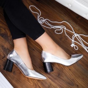 Pantofi office argintii cu toc gros mediu de 8cm Binoti pentru tinute eleganti