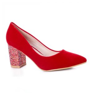 Pantofi rosii eleganti cu toc mic patrat decorat cu gliter Delisa
