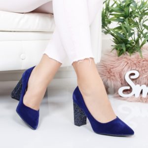 Pantofi eleganti albastri de ocazie cu toc gros inalt de 9cm realizati dintr-un material cu aspect catifelat Himi