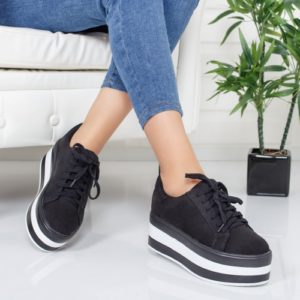 Pantofi casual de dama negri cu platforma inalt de 6cm Itami pentru primavara
