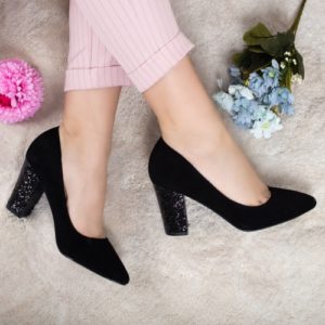 Pantofi de ocazie negri eleganti cu toc inalt de 8cm realizati dintr-un material cu aspect de piele intoarsa Laudine
