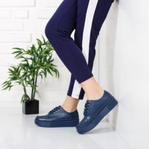 Pantofi dama bleumarin casual cu sireturi realizati din piele naturala cu aspect lucios Eider