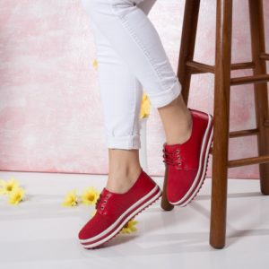 Pantofi rosii casual din piele naturala cu sireturi si talpa dubla Feaven