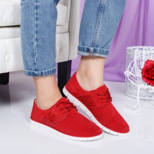 Pantofi rosii casual fara toc pentru dama din piele naturala cu aspect intors Grima
