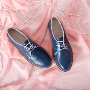 Pantofi dama de piele naturala stil oxford albastri pentru office prevazuti cu sireturi Hobos