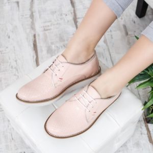 Pantofi dama de piele naturala stil oxford roz pal pentru office prevazuti cu sireturi Hobos