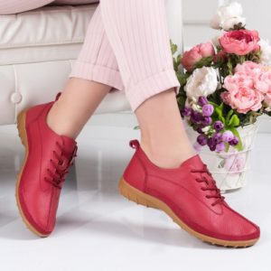 Pantofi casual rosii de piele naturala cu sireturi Miniki pentru primavara