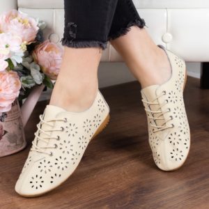 Pantofi bej toc casual de primavara din piele naturala cu perforatii Minobo – Pantofi.Talya.ro