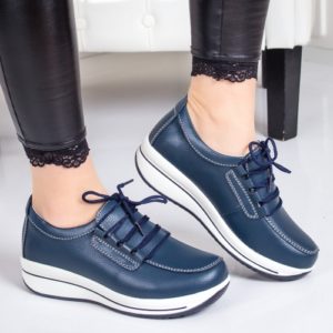 Pantofi dama albastri cu sireturi de primavara din piele naturala de calitate Olato