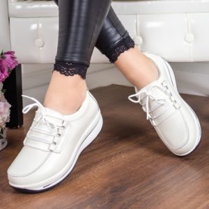 Pantofi dama albi cu sireturi de primavara din piele naturala de calitate Olato