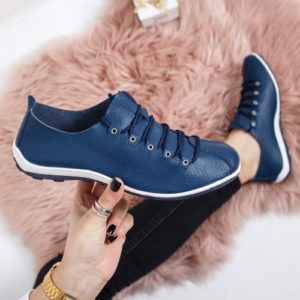 Pantofi ieftini albastri casual fara toc realizati din piele naturala Sersili pentru femei