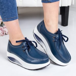 Pantofi albastri cu sireturi casual de dama realizati din piele naturala de calitate Stameno