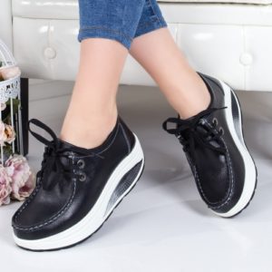 Pantofi negri cu sireturi casual de dama realizati din piele naturala de calitate Stameno