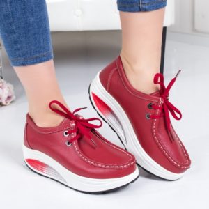 Pantofi cu sireturi rosii casual de dama realizati din piele naturala de calitate Stameno