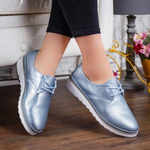 Pantofi office din piele naturala albastri stil oxford cu talpa comoda cusuta Tamita