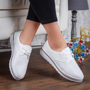 Pantofi office din piele naturala albi stil oxford cu talpa comoda cusuta Tamita