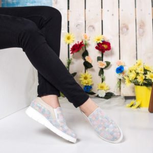 Pantofi de dama slip-on albi multicolori casual realizati din piele naturala Wanda