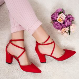 Pantofi eleganti rosii cu toc mediu de 7.5cm gros si varful ascuti Ralimiu prevazuti cu barete subtiri