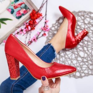 Pantofi de seara rosii pentru nunta cu toc gros inalt de 9.5cm foarte eleganti si comozi Relami
