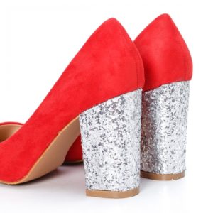 Pantofi de ocazie rosii cu toc gros argintiu cu sclipici inalt de 9cm Tulamo pentru tinute cochete