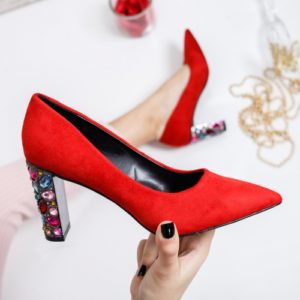 Pantofi eleganti rosii cu toc inalt gros de 10 cm Zandra pentru tinute de ocazie